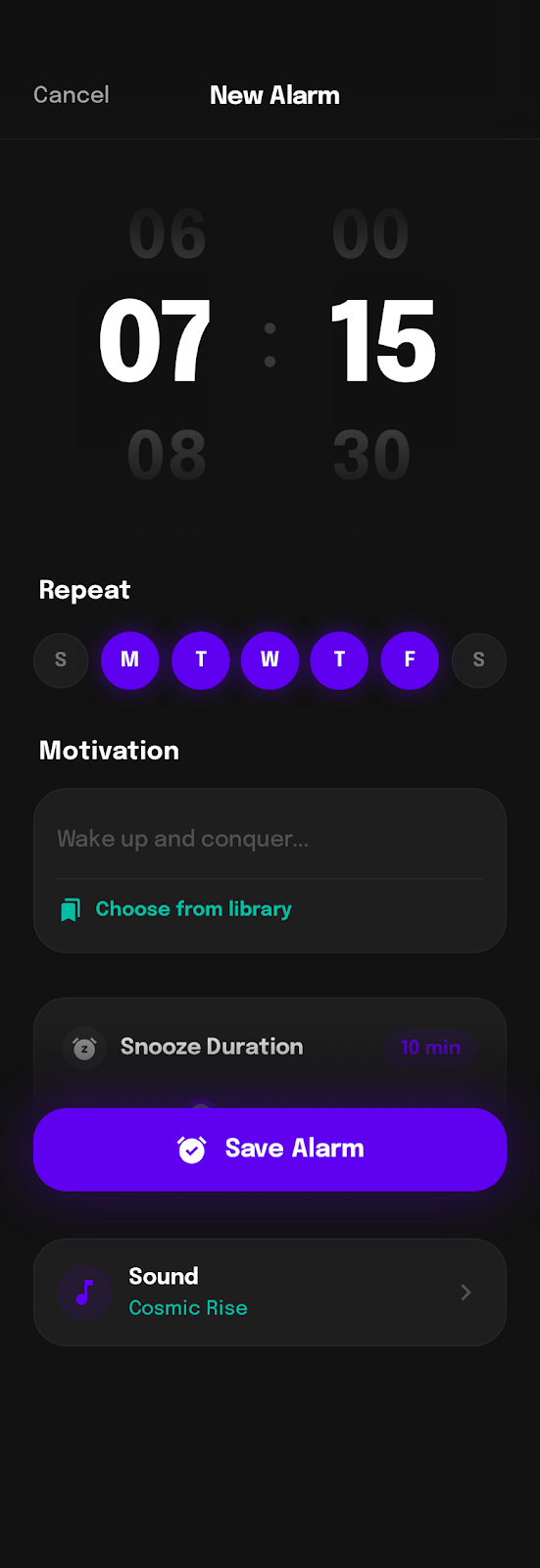 Create new alarm screen with time picker and motivation settings