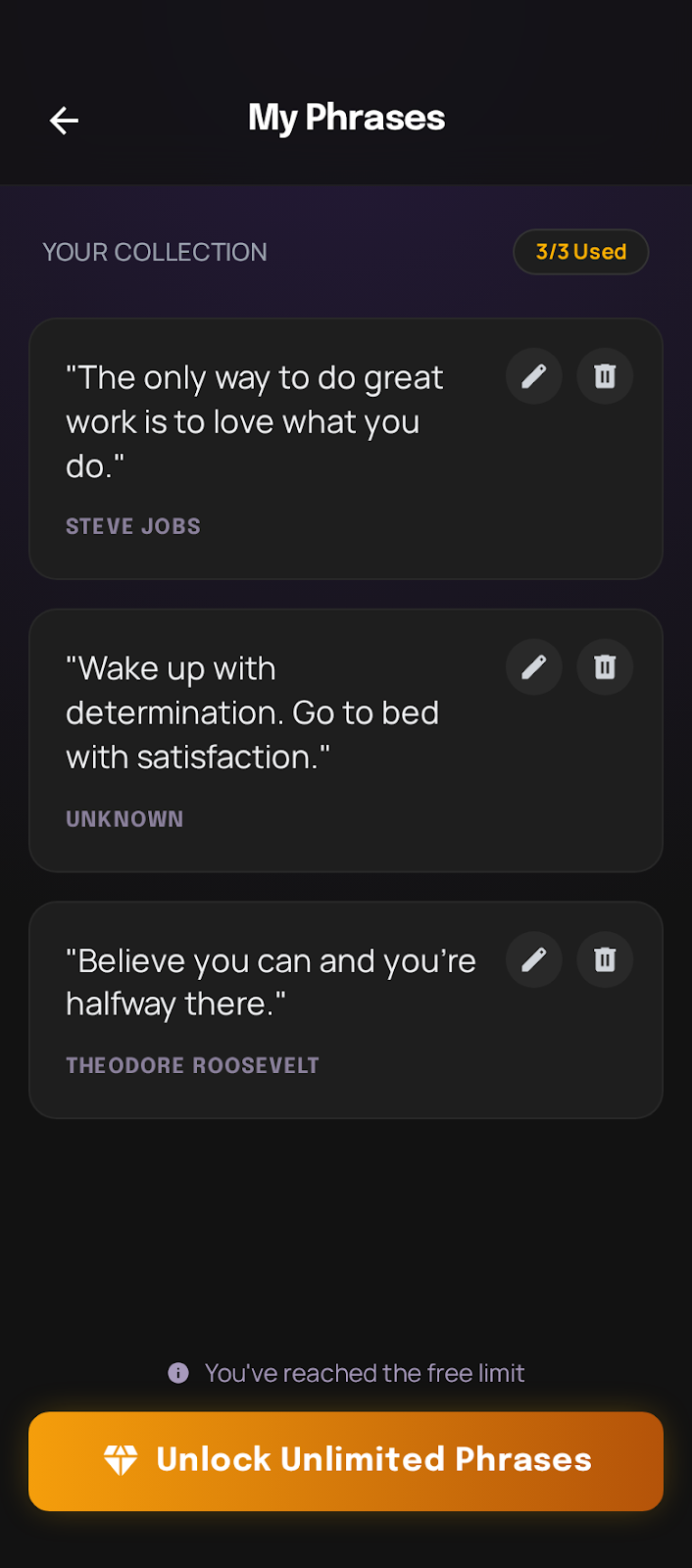 Motivational phrase library with quote collection